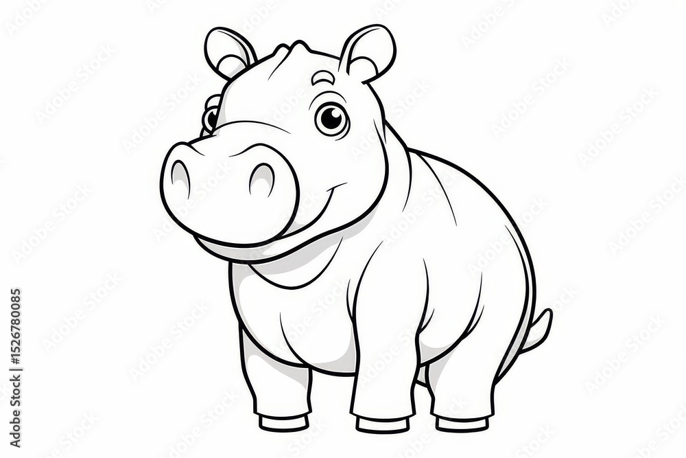 Fototapeta premium Cute simple cartoon hippopotamus with bold thick black outlines, professional coloring book style on white background