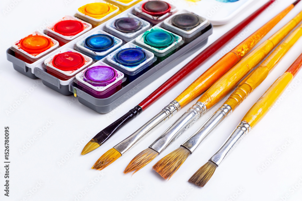 Obraz premium Watercolor paints and brushes arranged for creative art projects