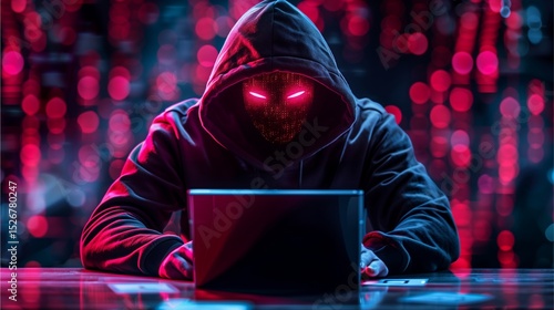 a mysterious figure in a hoodie working on a laptop, surrounded by glowing lights, suggesting digital technology and a sense of danger and secrecy. 