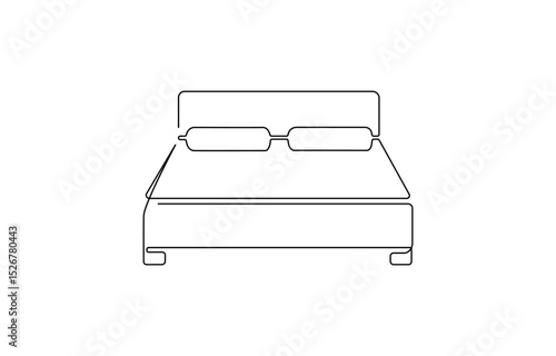 Double bed with the pillows in continuous one line drawing design. Minimalist single line draw, One line drawing illustration of bed. Interior of bedroom concept continuous line art. Editable outline.