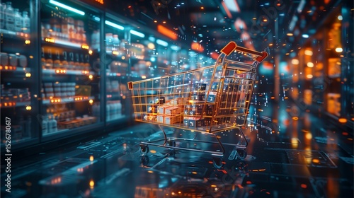 Shopping cart in a futuristic supermarket with glowing shelves and products. The cart seems to be made of light or energy.