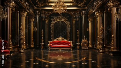 Elegant opulent interior with red velvet furniture in a luxurious black and gold room
