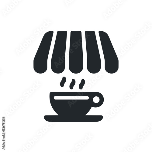 Coffee shop logo with awning and steaming cup illustration  