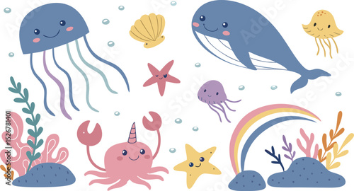 Cute marina life set with fish, whales, seaweed, marina elements for your design, childish hand drawn sea elements. playful and colorful vector illustration of cute underwater sea animals in a cartoon