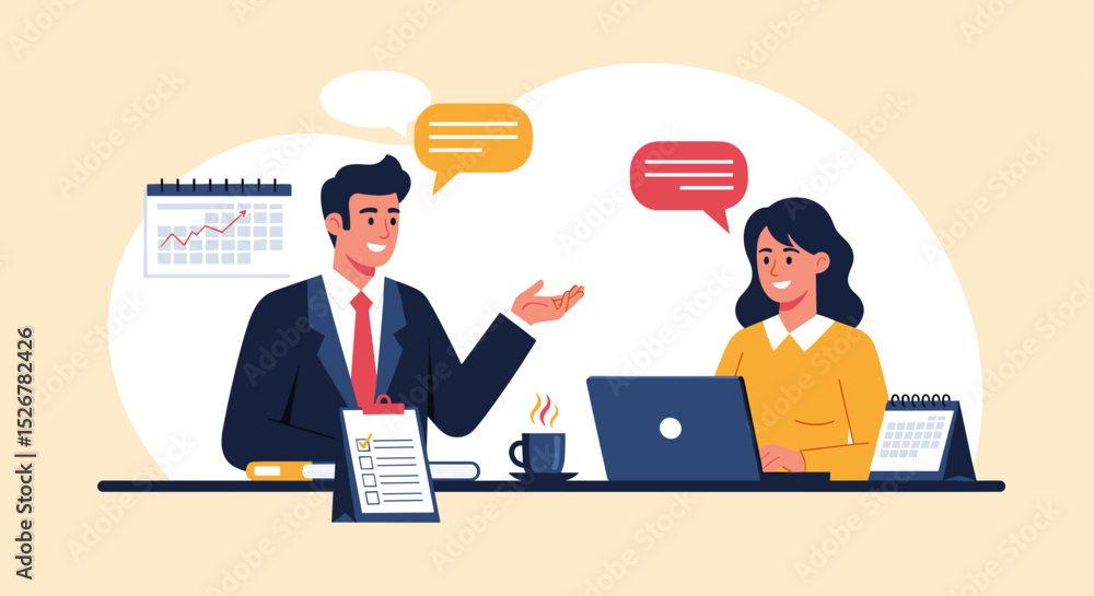 Business Job Interview concept. Vector cartoon illustration of a young woman asking questions and a man in a suit answering them while sitting at a table. Isolated on background Business Job Interview concept. Vector cartoon illustration of a young woman asking questions and a man in a suit answering them while sitting at a table. Isolated on background