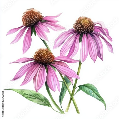 Closeup Watercolor Painting of Three Pink and Purple Coneflowers on White Background