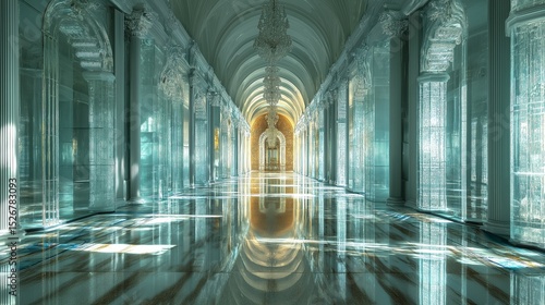 A grand hall with ornate gold accents and green walls. Luxurious interior design.