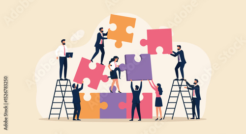 Business Teamwork concept. Contemporary flat style abstract vector illustration of diverse people putting together puzzle details. Isolated on background. 