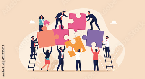 Business Teamwork concept. Contemporary flat style abstract vector illustration of diverse people putting together puzzle details. Isolated on background. 