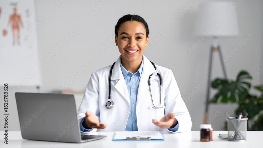 A female doctor smiles warmly, likely in a virtual consultation A female doctor smiles warmly, likely in a virtual consultation