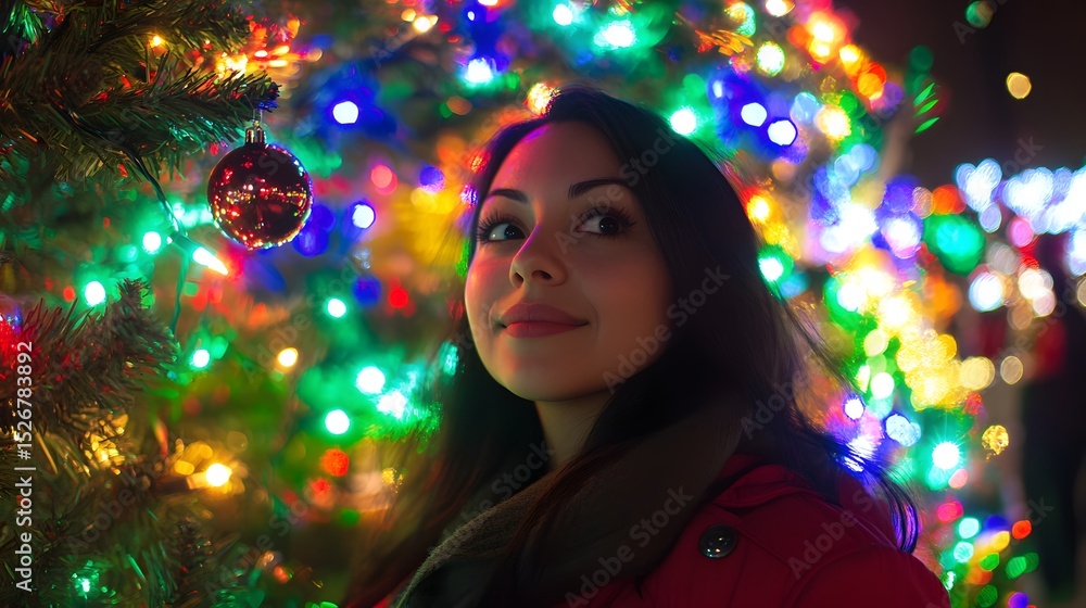 A woman standing in front of a lit-up Christmas tree with twinkling lights surrounding her A woman standing in front of a lit-up Christmas tree with twinkling lights surrounding her