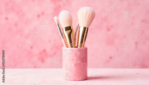 Cosmetic brushes in a pink cup with copy space
