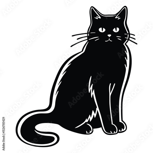 Elegant Silhouette: A refined depiction of a seated, ebony-coated domestic feline, poised with a dignified grace and a keen gaze.