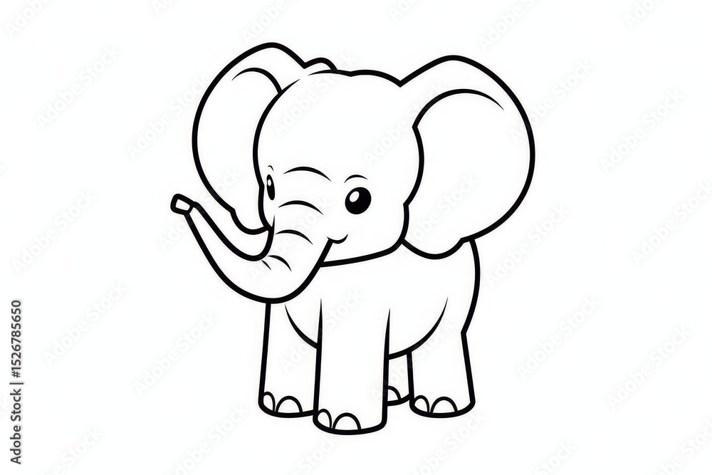 Fototapeta premium Cute elephant coloring page in simple black and white line art style, clean flat vector design for kids’ coloring book.