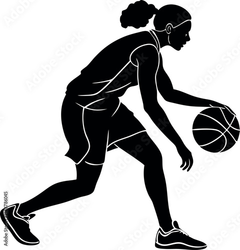 Silhouette of a female athlete performing crossover dribble isolated on Transparent Background