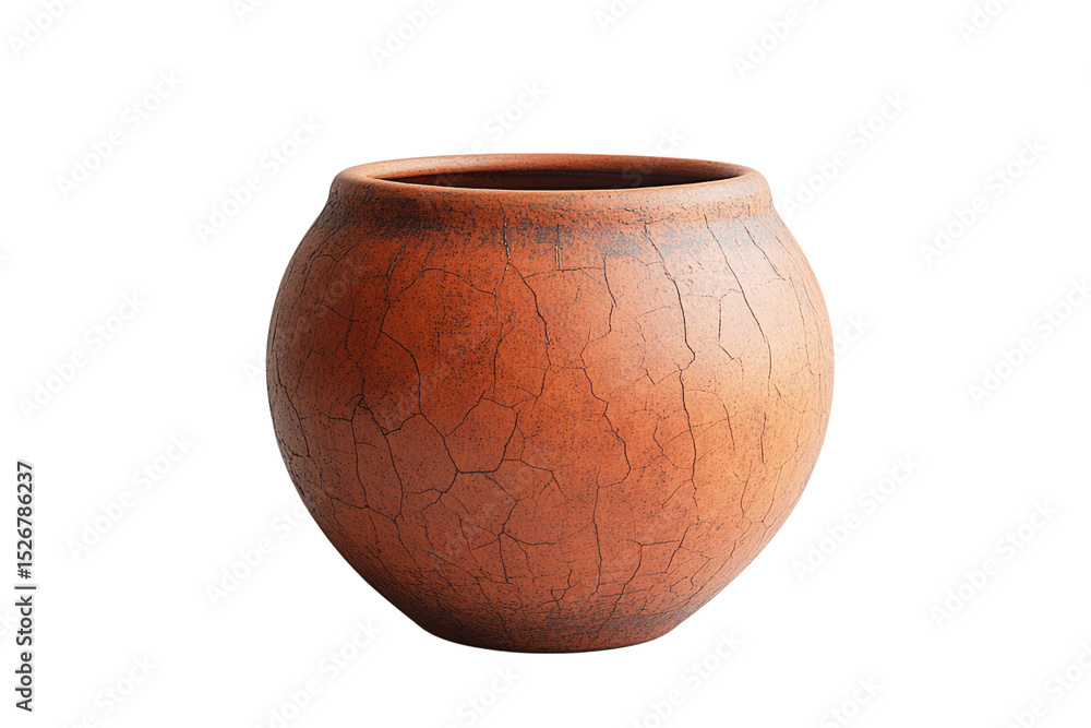 A rustic, round terracotta pot with a cracked surface, showcasing traditional craftsmanship. background removed A rustic, round terracotta pot with a cracked surface, showcasing traditional craftsmanship. background removed