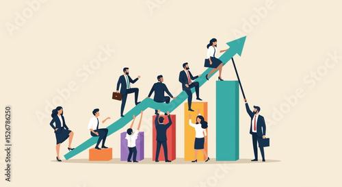 Business Success Concept. Vector cartoon illustration of a group of diverse people in business suits running up a rising graph. Isolated on background