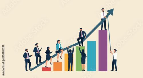 Business Success Concept. Vector cartoon illustration of a group of diverse people in business suits running up a rising graph. Isolated on background