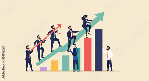 Business Success Concept. Vector cartoon illustration of a group of diverse people in business suits running up a rising graph. Isolated on background
