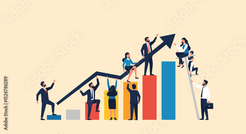 Business Success Concept. Vector cartoon illustration of a group of diverse people in business suits running up a rising graph. Isolated on background