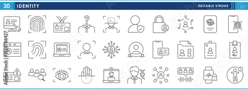 A set of line icons related to Identity. Verification, ID, password, account, fingerprint, face, recognition, documents, and so on. Vector editable stroke.