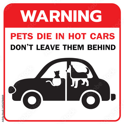 Vector-style safety sign emphasizing that pets can die in hot cars. Ideal for public awareness campaigns, parking lots, veterinary offices, animal shelters, and educational materials.