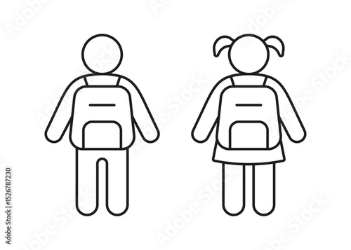 Children with backpack for school line icon boy and girl. Kids back outline silhouette. Symbol little people. Vector illustration