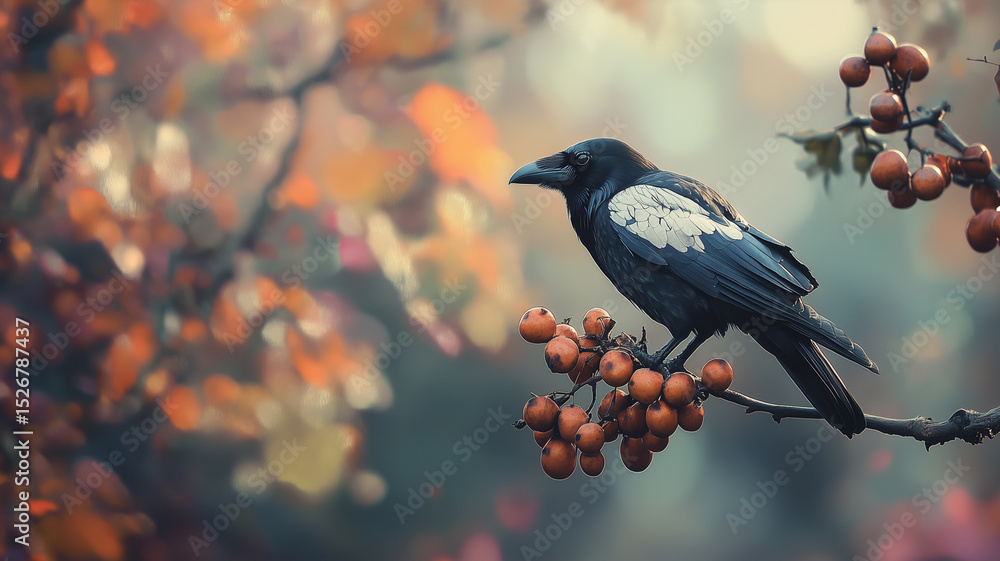 Obraz premium A black and white raven perched on the branch of a colorful tree with brown fruits against a blurred background in a Dutch city