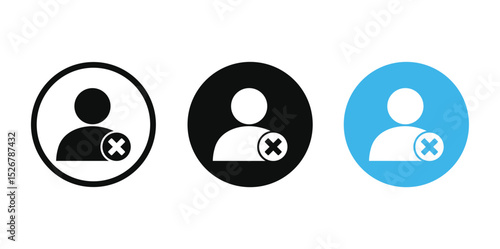 Minimalist flat vector icon set: Three horizontally arranged circles (black, white, light blue) each feature a stylized person silhouette (circle head, oblong body) crossed by a bold red prohibition