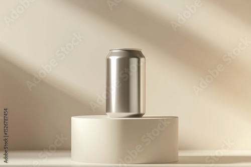 Wallpaper Mural 3D render of a blank silver can mockup on a white podium, against a light beige background Torontodigital.ca