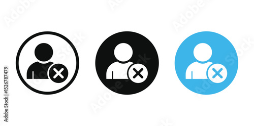 Minimalist flat vector icon set: Three horizontally arranged circles (black, white, light blue) each feature a stylized person silhouette (circle head, oblong body) crossed by a bold red prohibition