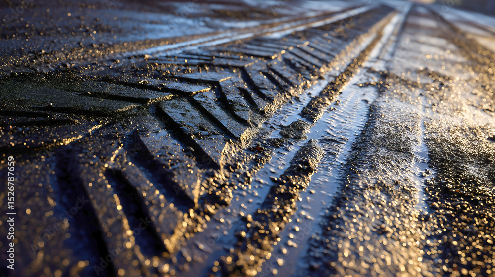Obraz premium A close-up view reveals gritty tire tracks deeply impressed into wet mud, capturing the raw texture of a rugged outdoor environment.