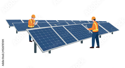 Engineers inspecting solar panels for renewable energy solutions vector illustration