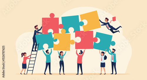 Business Teamwork concept. Contemporary flat style abstract vector illustration of diverse people putting together puzzle details. Isolated on background. 