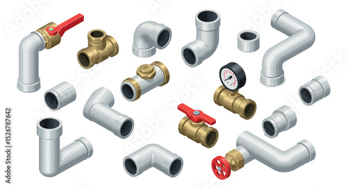 Plumbing parts and pipe connections for industrial and home use vector illustration