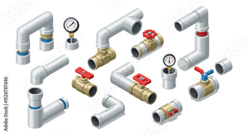 Industrial plumbing components with valves and gauges for engineering design vector illustration