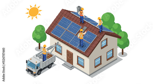Team installing solar panels on residential roof for sustainable energy under a sunny sky vector illustration