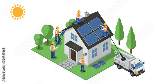Solar panel installation team working on house roof for sustainable energy concept vector illustration