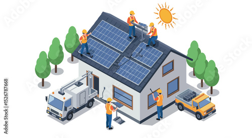Solar panel installation on residential roof with workers and vehicles for renewable energy solution vector illustration