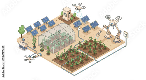 Sustainable farming automation with drones and solar-powered greenhouse vector illustration