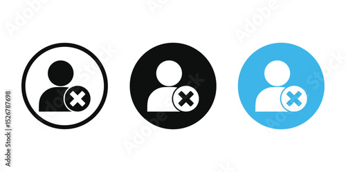 Minimalist flat vector icon set: Three horizontally arranged circles (black, white, light blue) each feature a stylized person silhouette (circle head, oblong body) crossed by a bold red prohibition
