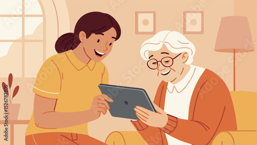 Cozy Home Setting Vector Art of Intergenerational Tech Skills  
