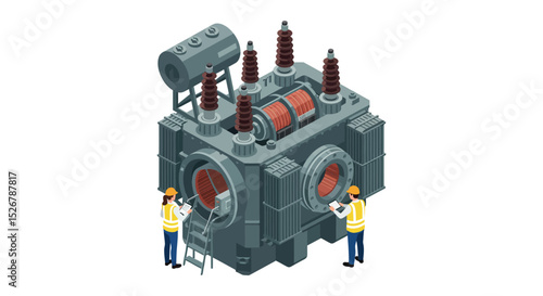Engineers inspecting industrial transformer for maintenance and safety compliance vector illustration