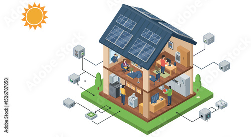 Sustainable energy smart home with solar panels and energy management system vector illustration