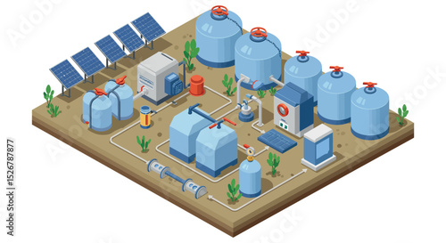 Isometric water treatment plant with solar panels for sustainable energy design vector illustration