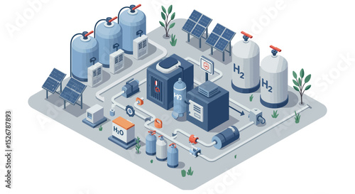 Isometric hydrogen production plant with solar panels and storage tanks vector illustration