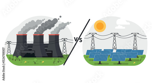 Environmental impact: fossil fuels vs solar energy for sustainable future and clean power design vector illustration