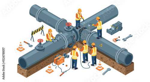 Infrastructure development and maintenance with engineers working on pipeline system construction vector illustration