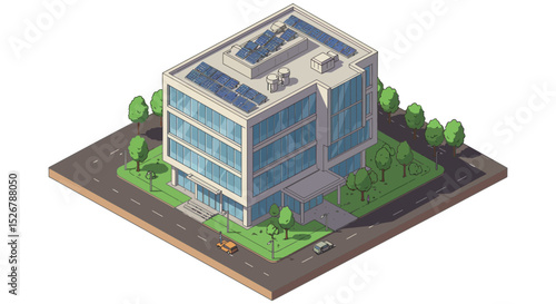 Modern sustainable office building with solar panels and green space design vector illustration