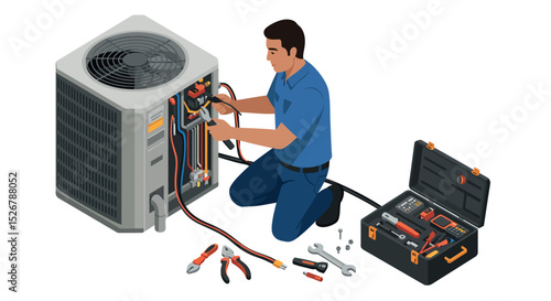 Hvac technician repairing air conditioning unit with tools for maintenance and service vector illustration